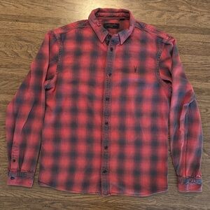 AllSaints Catalpa Mens Red & Black Flannel Plaid Button Long Sleeve Shirt Small